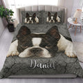 Boston Terrier quilt bedding styled in a bright bedroom with a large dog face design