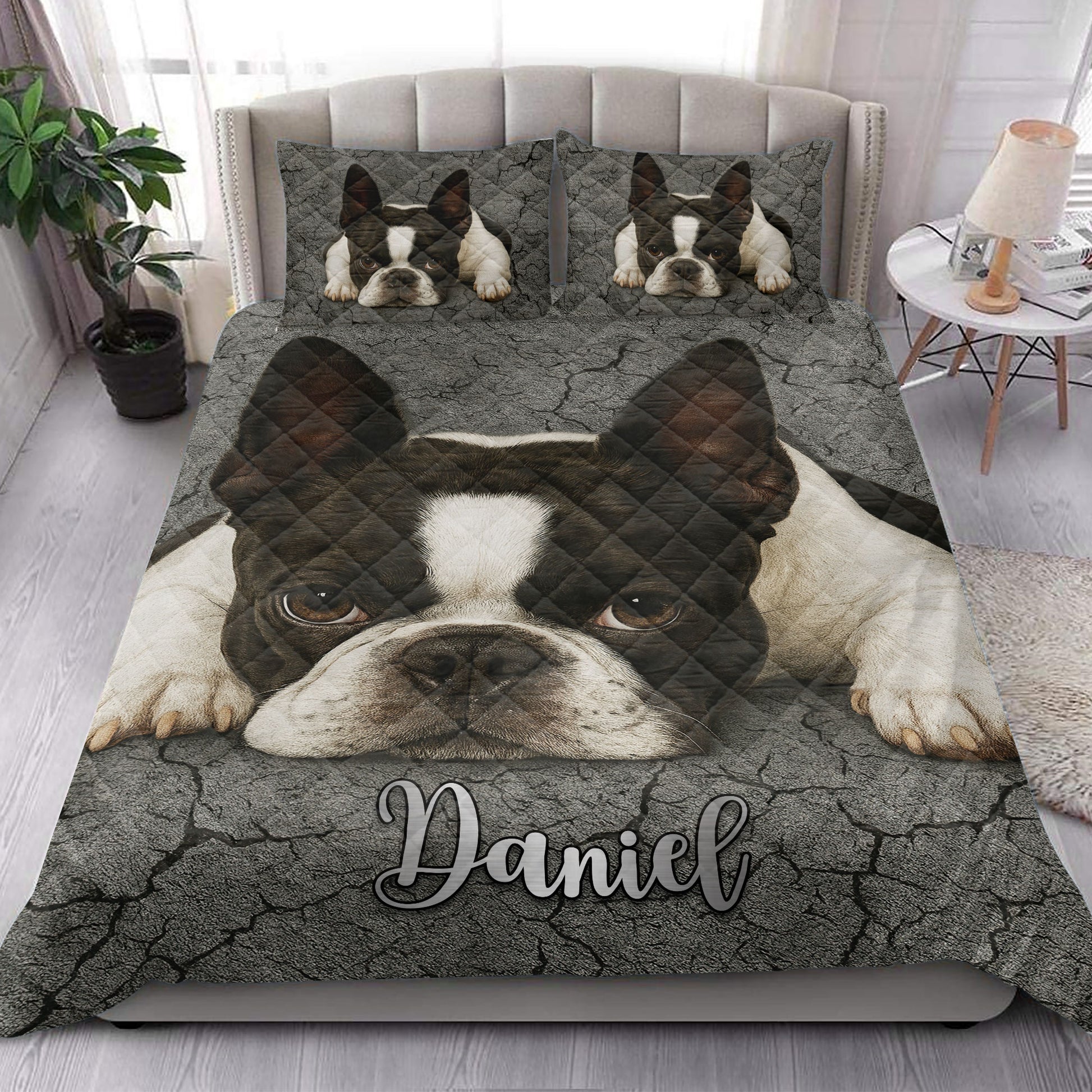Boston Terrier quilt bedding styled in a bright bedroom with a large dog face design