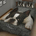 Close bedroom view of a Boston Terrier quilt blanket with matching pillow artwork