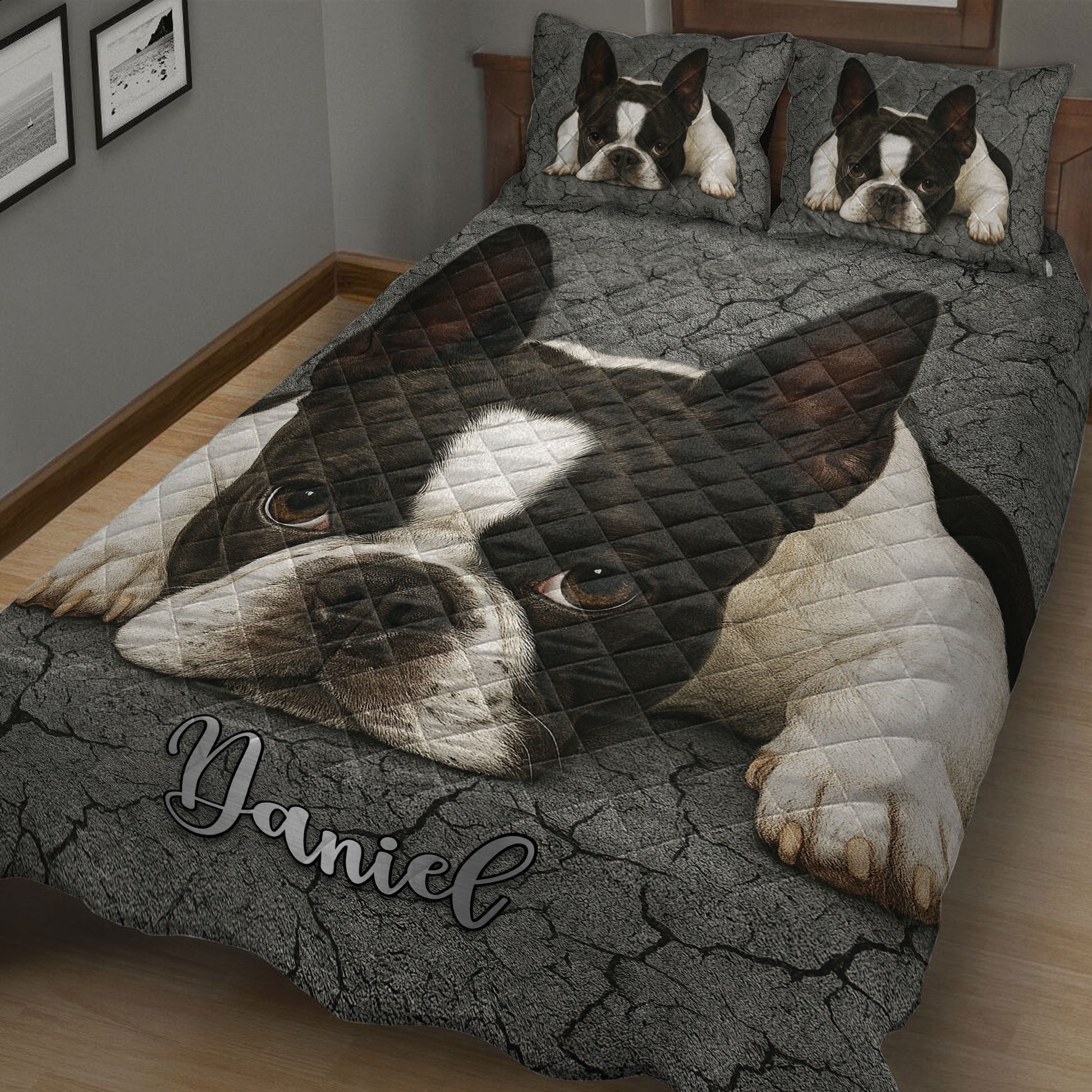 Close bedroom view of a Boston Terrier quilt blanket with matching pillow artwork