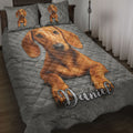 Dachshund quilt blanket displayed on a bed with a large brown wiener dog portrait and matching pillow artwork