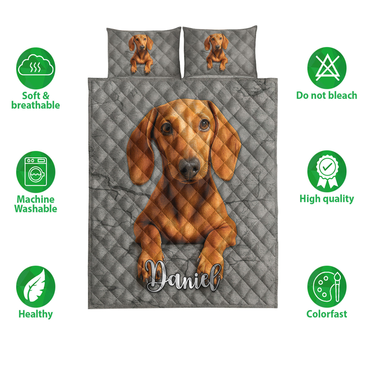 Dachshund quilt bedding display with brown dog artwork, gray diamond quilting, and feature icons