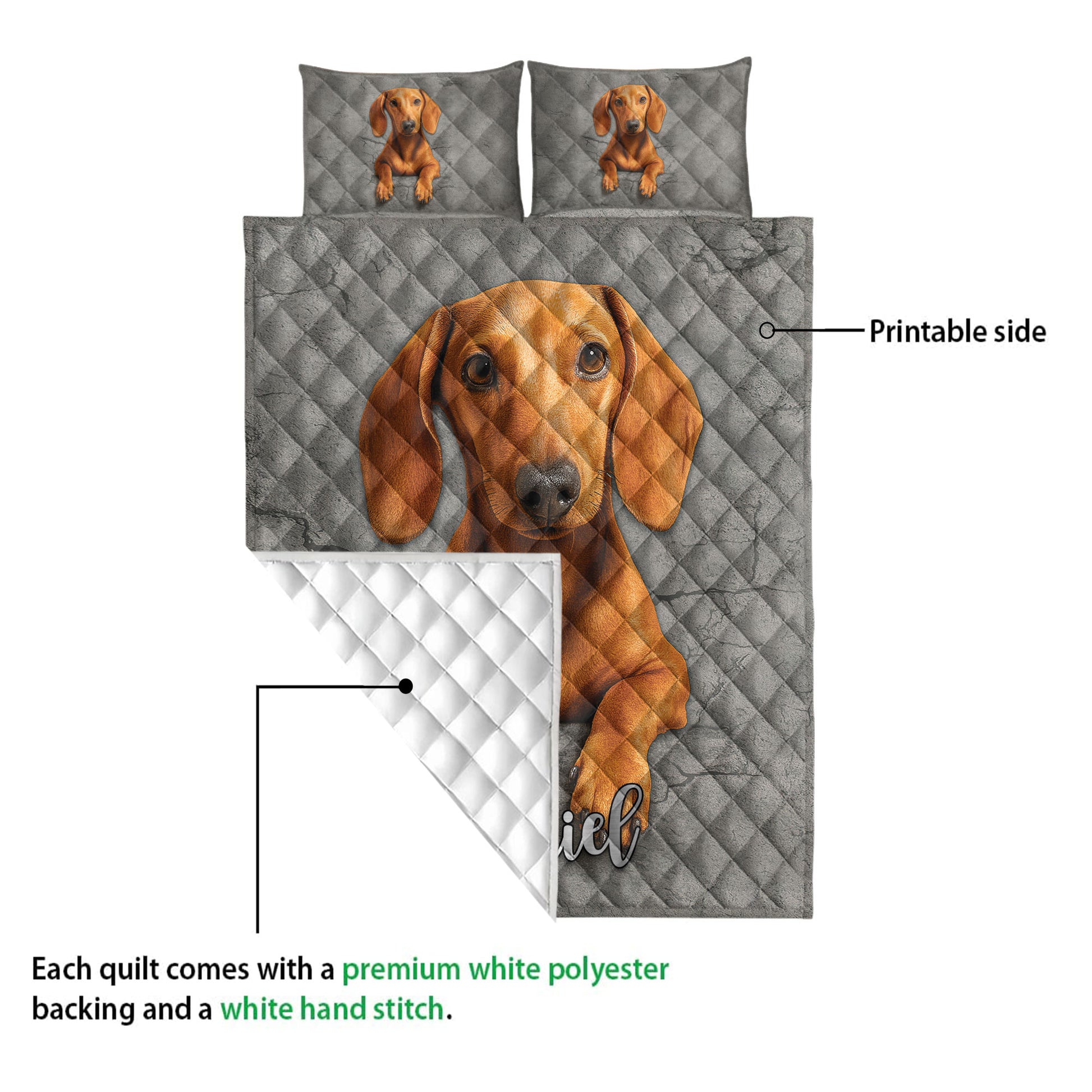 Dachshund quilt showing the printed front and white quilted backing in a product construction detail view