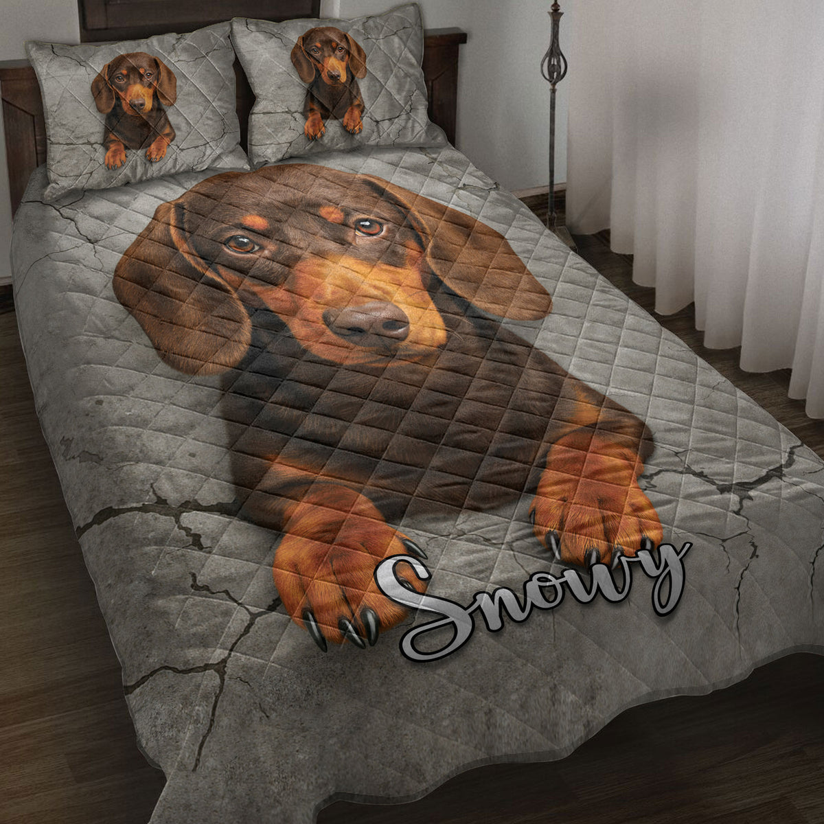 Dachshund quilt bedding set displayed on a bed with a large brown dog portrait and matching pillow artwork