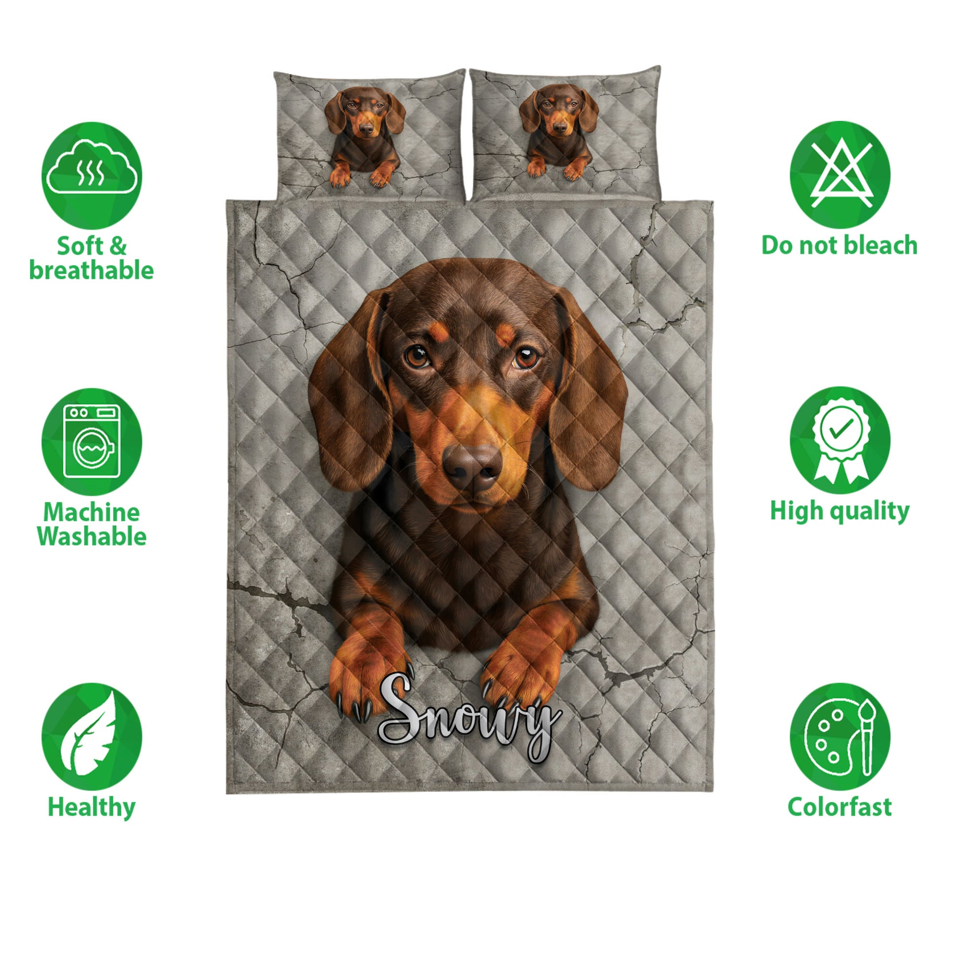Dachshund quilt bedding set shown front-facing with matching dog pillow artwork and gray diamond background