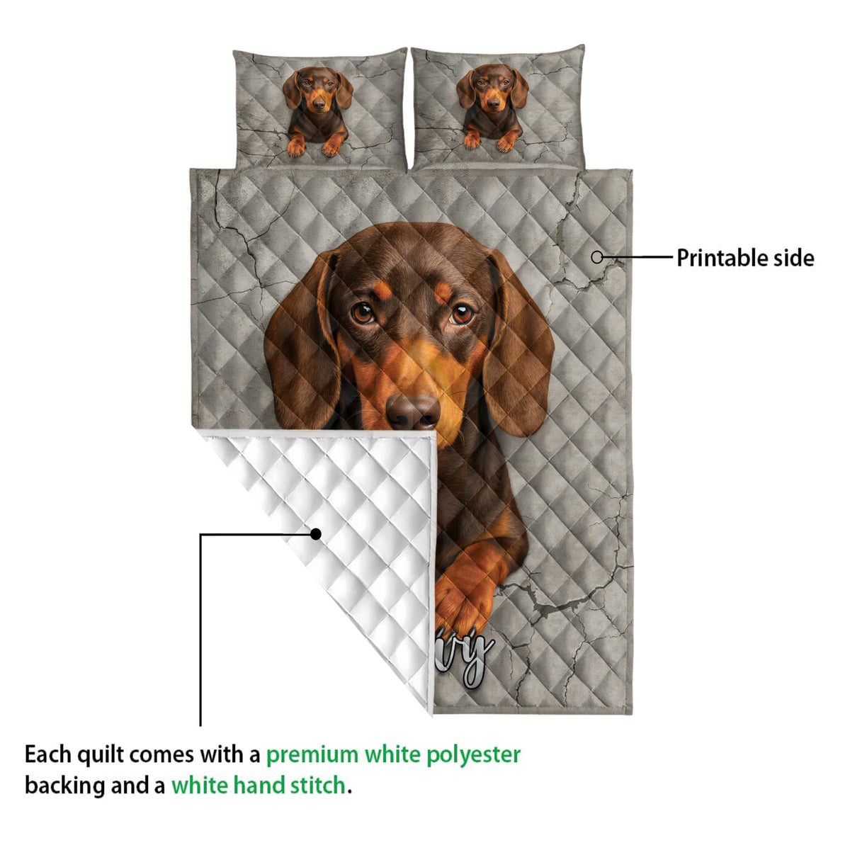 Dachshund quilt shown with its printed front and white quilted backing visible in a product detail view