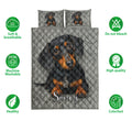 Dachshund quilt blanket bedding set with black and tan dog artwork and feature icons