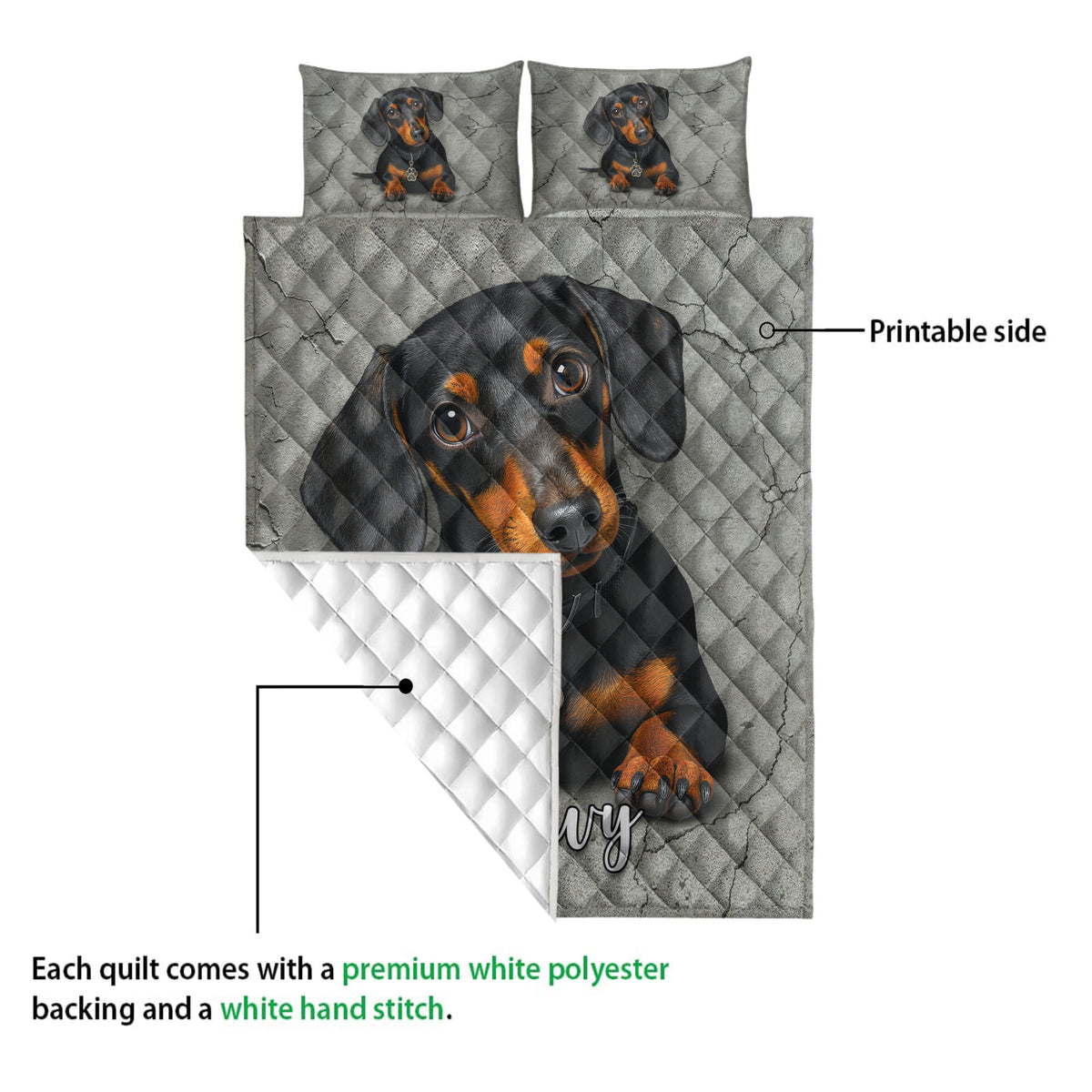 Dachshund quilt showing the printed front artwork and white quilted reverse side