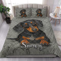 Dachshund quilt bedding styled in a bright bedroom with a large dog portrait