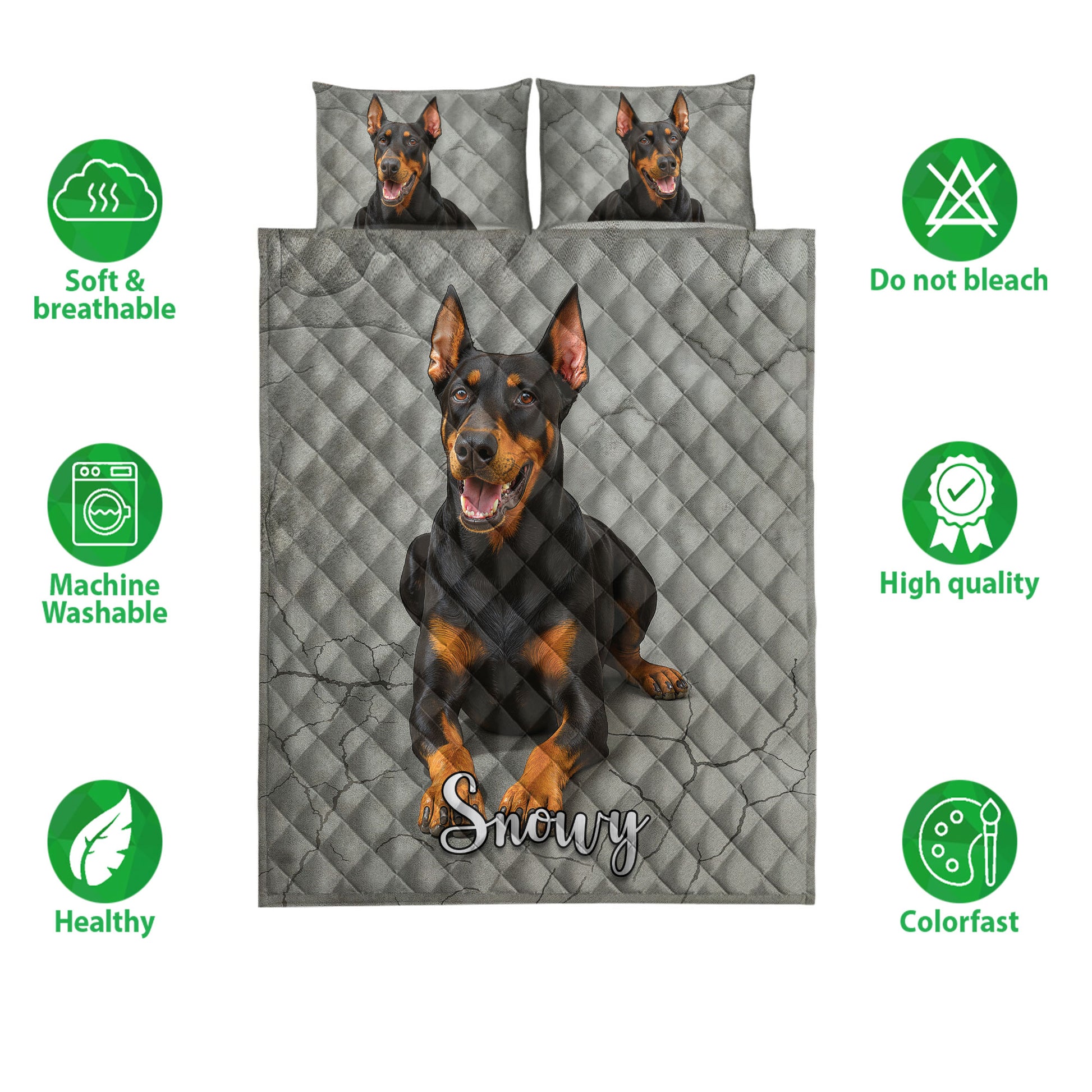 Doberman quilt bedding set displayed with matching dog artwork and feature icons