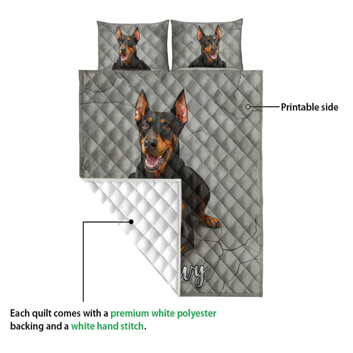 Doberman quilt blanket shown with printed front artwork and white quilted backing