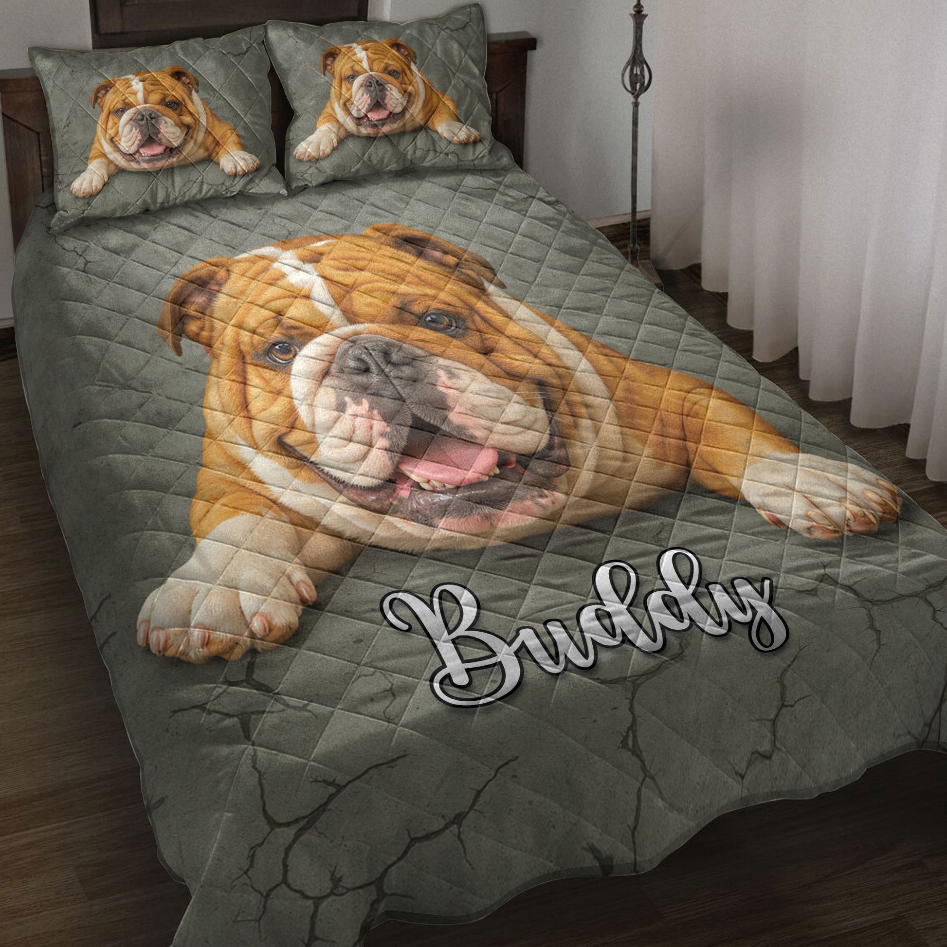 English Bulldog quilt blanket displayed on a bed with matching bulldog pillow designs and gray diamond artwork