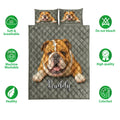 English Bulldog quilt bedding set shown with coordinating pillow designs and a gray cracked diamond background