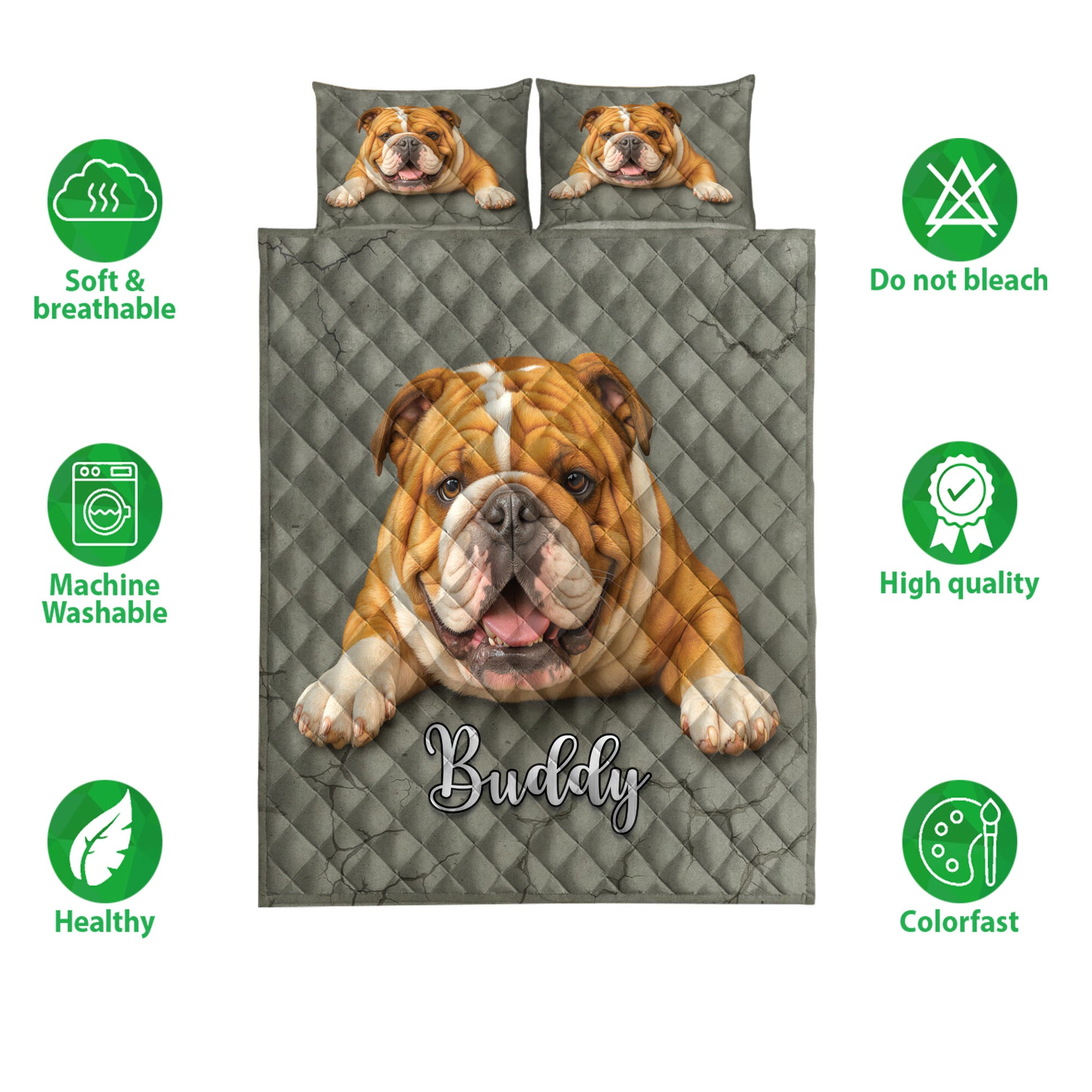 English Bulldog quilt bedding set shown with coordinating pillow designs and a gray cracked diamond background
