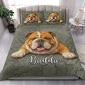 English Bulldog quilt bedding styled in a bright bedroom with a large bulldog artwork design