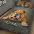 English Bulldog quilt blanket shown across a bedroom with bulldog artwork and coordinating pillow designs
