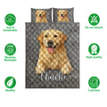 Golden Retriever quilt bedding set shown with dog portraits and product feature icons around the printed design