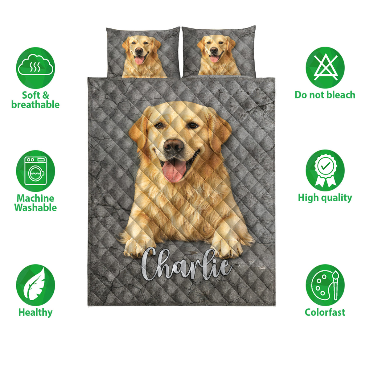 Golden Retriever quilt bedding set shown with dog portraits and product feature icons around the printed design
