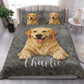 Golden Retriever quilt bedding set styled in a bright bedroom with a large dog portrait across the bed