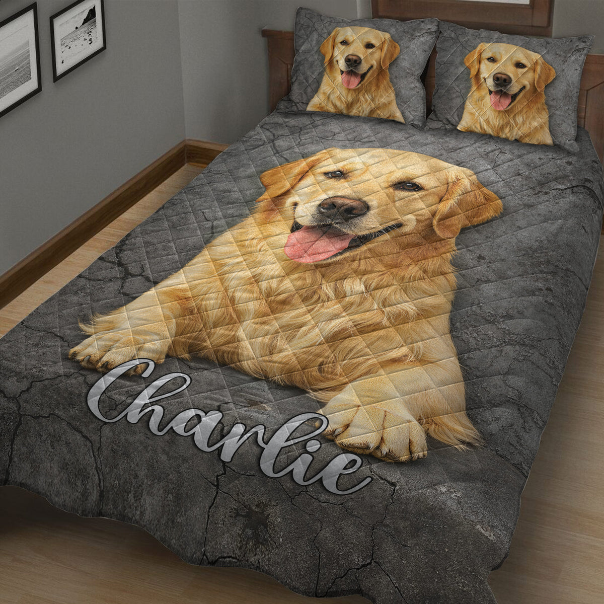 Golden Retriever quilt blanket shown at an angle with a relaxed dog portrait and matching artwork on the pillows