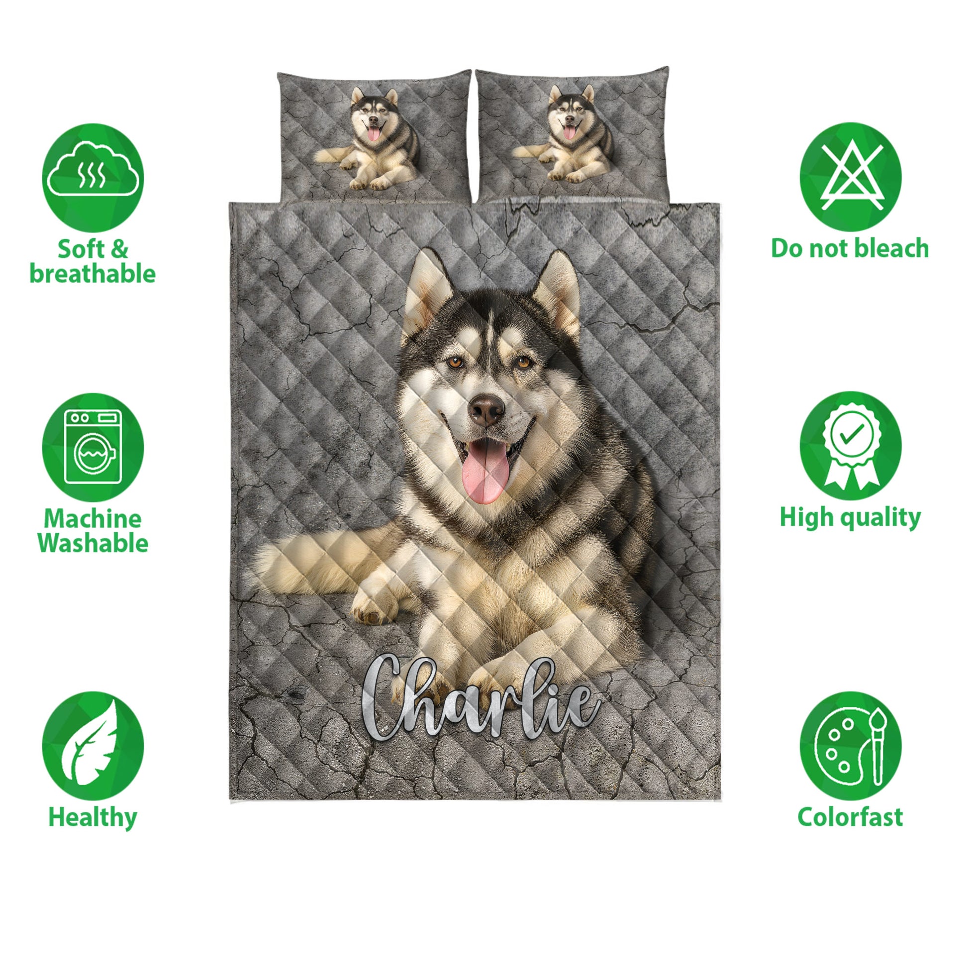 Husky quilt bedding set with portrait artwork, matching pillow designs, and feature icons