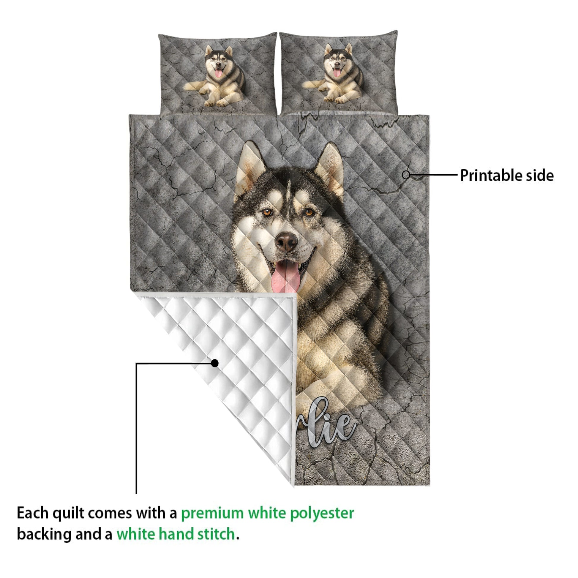 Husky quilt showing the printed front and white quilted backing with matching pillow designs
