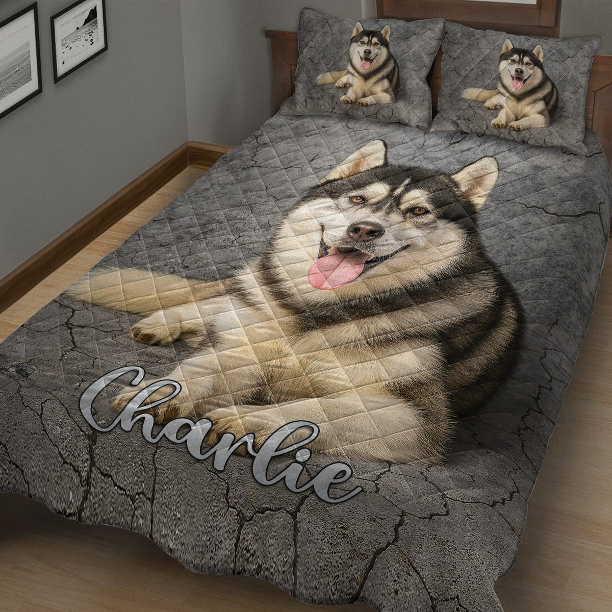 Close bedroom view of husky quilt bedding featuring a realistic dog portrait and matching pillow artwork