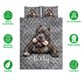 Pitbull quilt bedding set shown with gray artwork, soft breathable design, and care feature icons