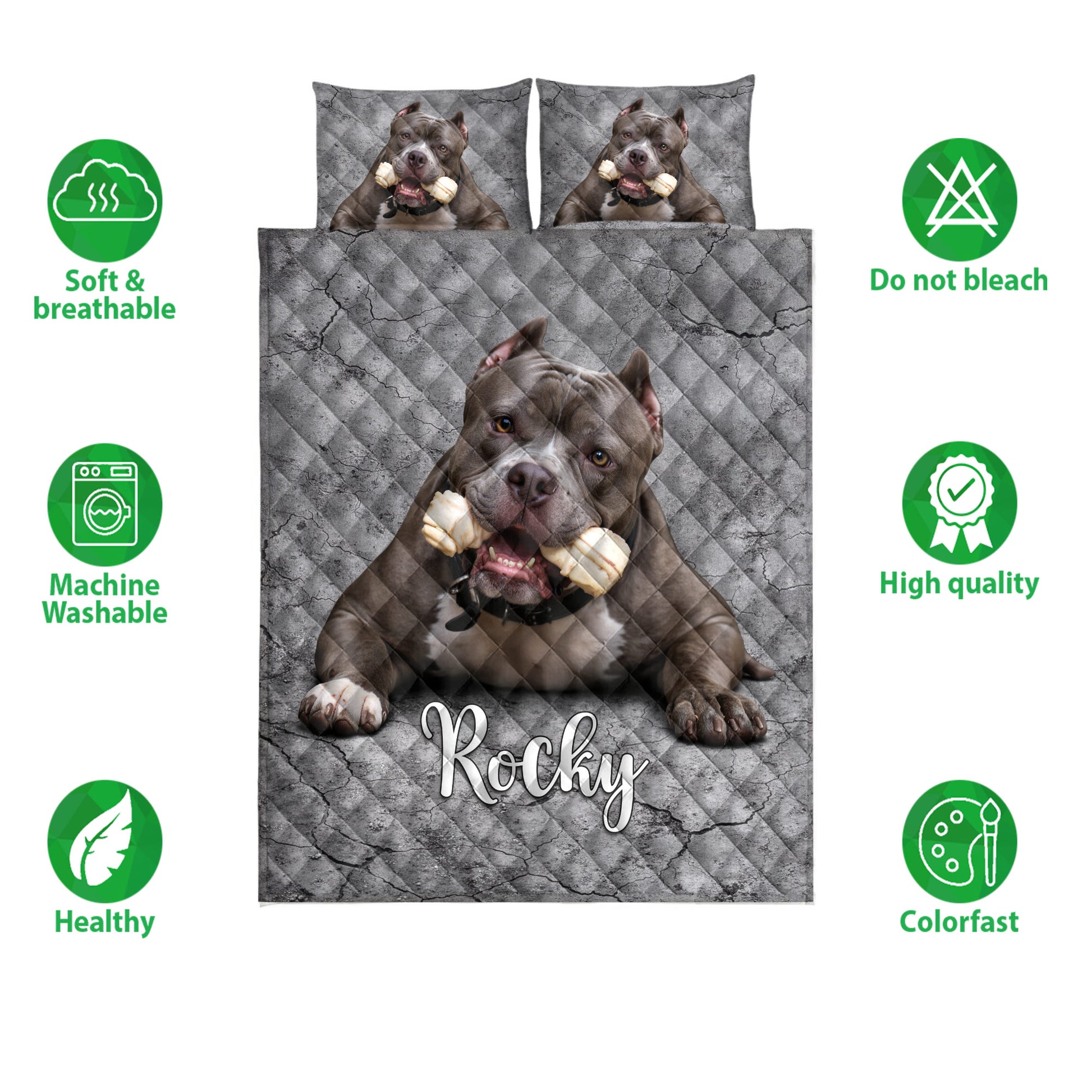 Pitbull quilt bedding set shown with gray artwork, soft breathable design, and care feature icons