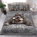 Pitbull quilt bedding set styled in a bright bedroom with a large realistic dog portrait