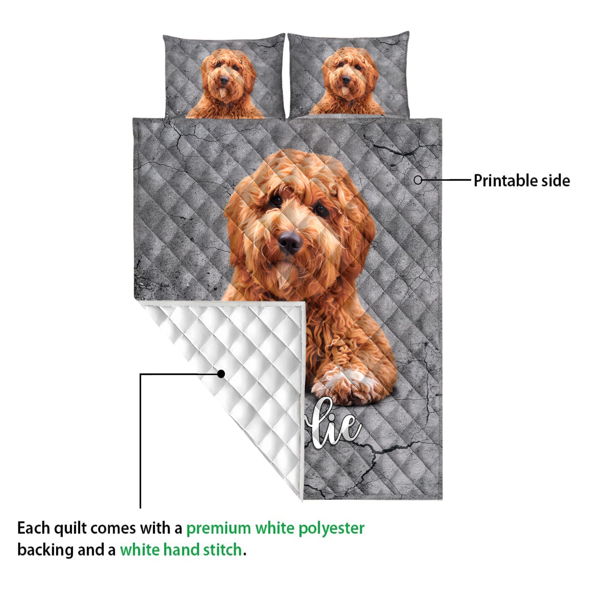 Poodle quilt showing a printed dog design, quilted texture, and white backing