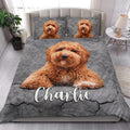 Poodle quilt blanket styled in a bright bedroom with large dog artwork