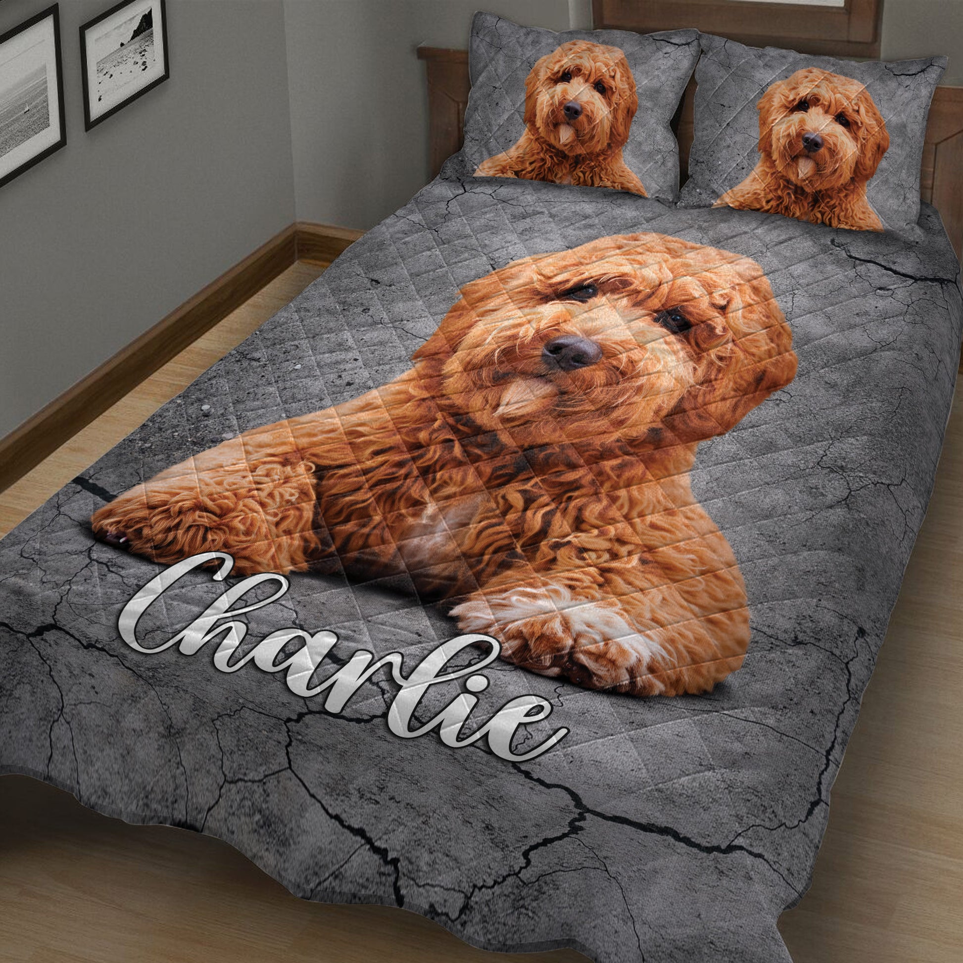Close bedroom view of a poodle quilt blanket with matching dog pillow artwork