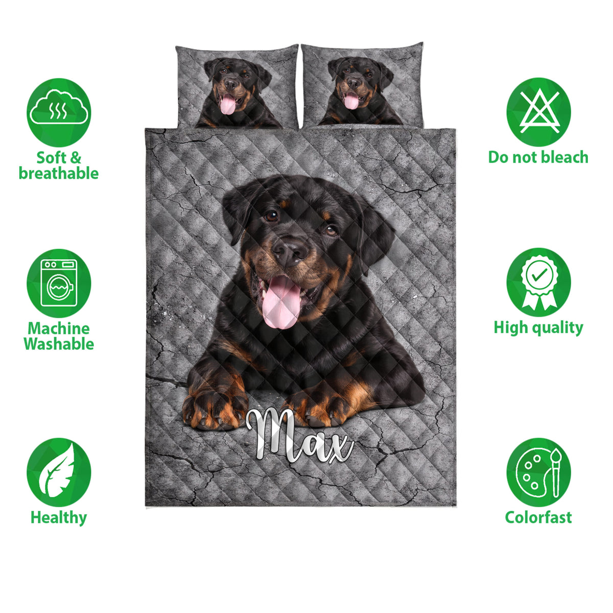 Rottweiler quilt bedding set shown with dog portrait artwork and product feature icons