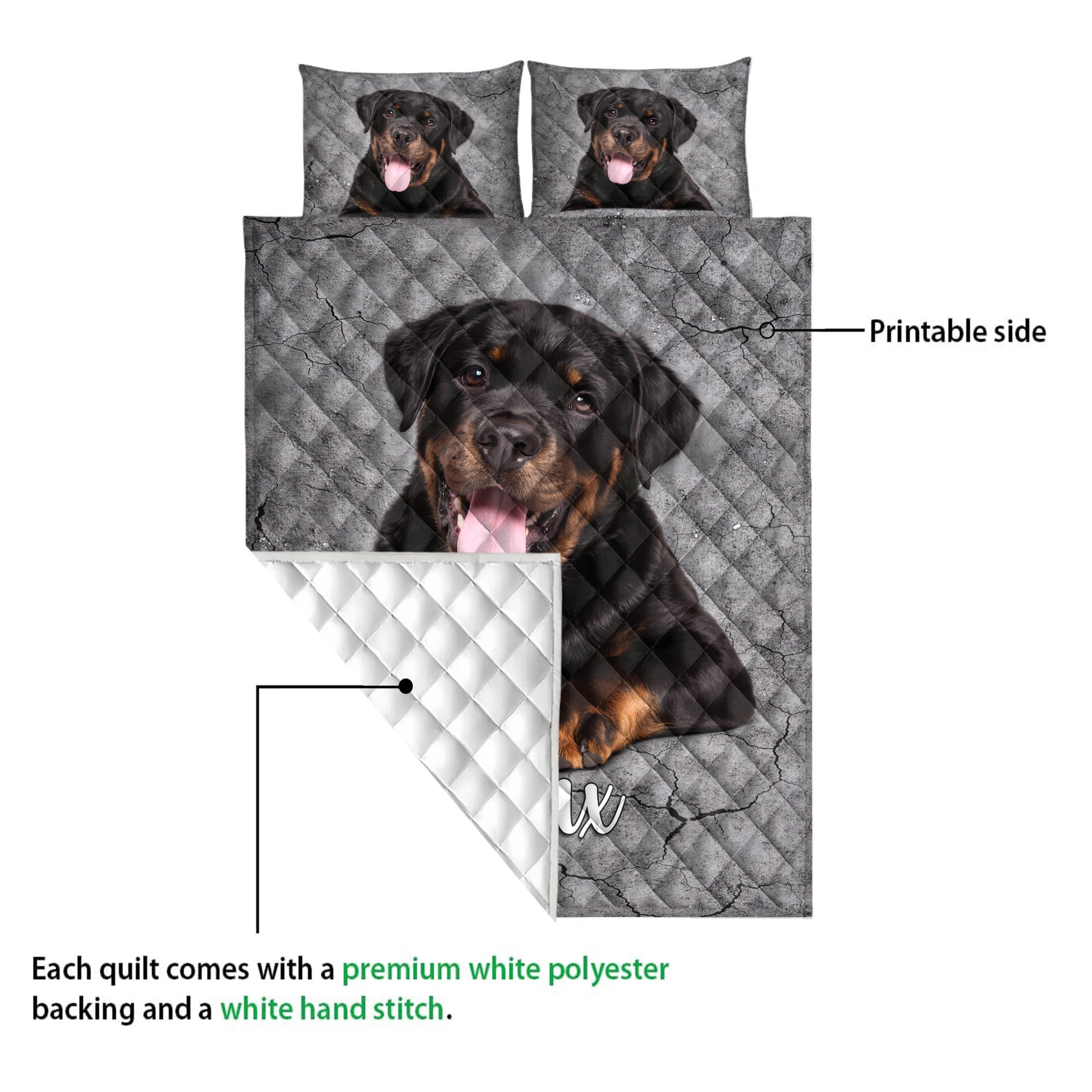 Rottweiler quilt showing the printed front and white quilted backing in a product construction view