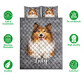 Rough Collie quilt bedding set shown with coordinated dog artwork and product feature icons