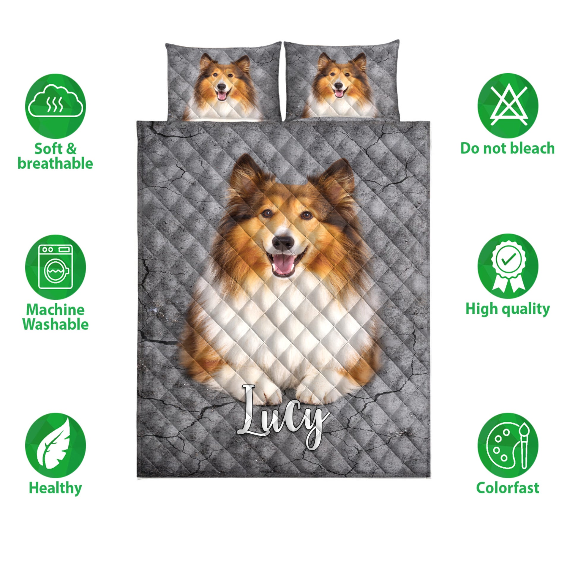 Rough Collie quilt bedding set shown with coordinated dog artwork and product feature icons