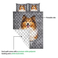 Rough Collie quilt showing the printed front and white quilted backing in a construction detail view
