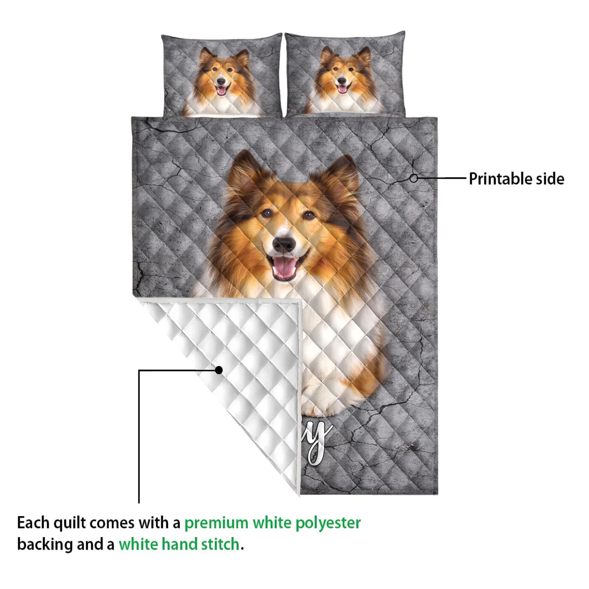 Rough Collie quilt showing the printed front and white quilted backing in a construction detail view