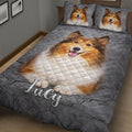 Rough Collie quilt bedding set displayed from an angled bedroom view with matching dog artwork