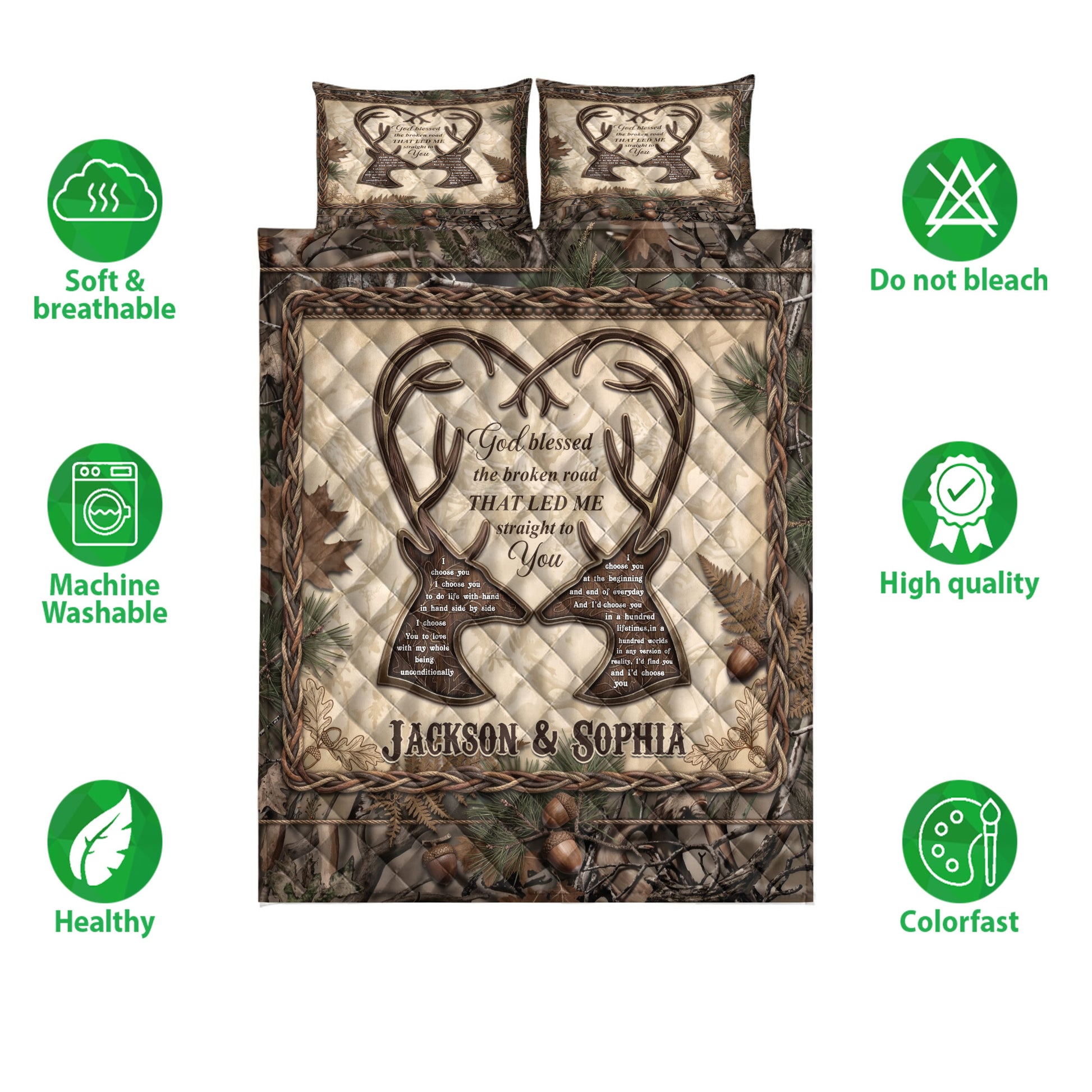 Full hunting quilt bedding set with deer antler artwork, camouflage woodland print, and rustic brown outdoor styling