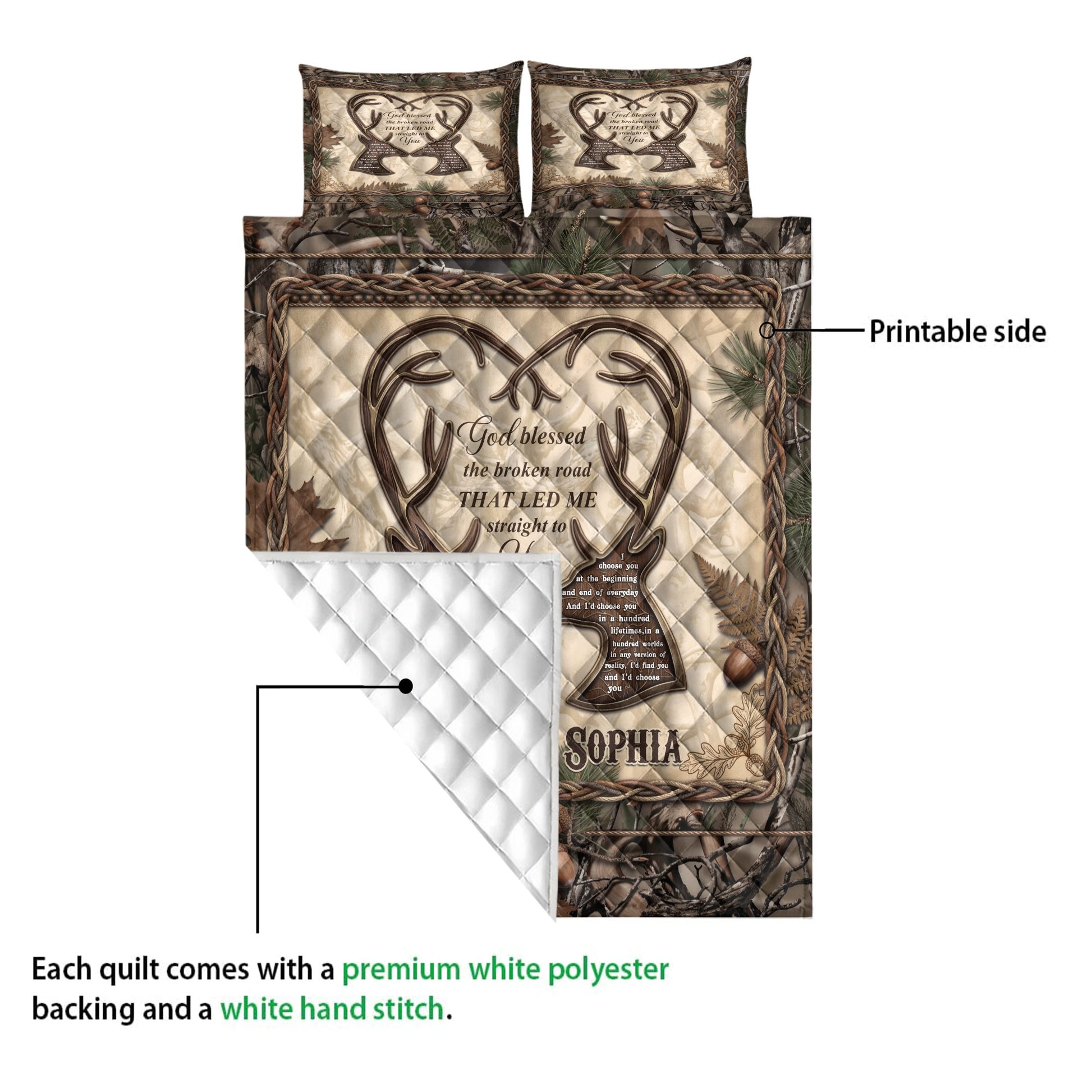 Hunting quilt showing the printed antler design, quilted reverse, and overall rustic woodland artwork