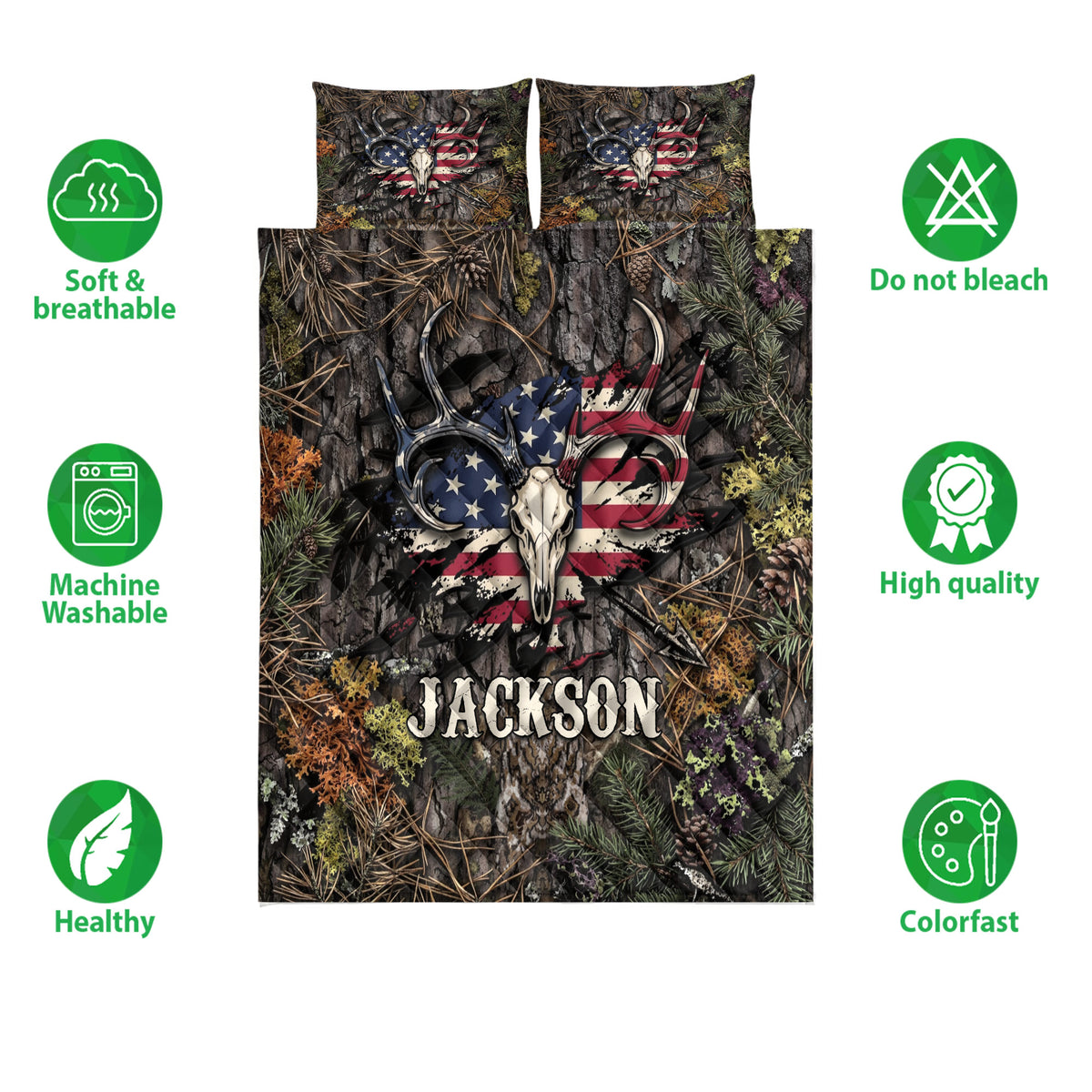 Hunting quilt bedding set shown flat with deer skull artwork, forest camouflage, and patriotic red, white, and blue details