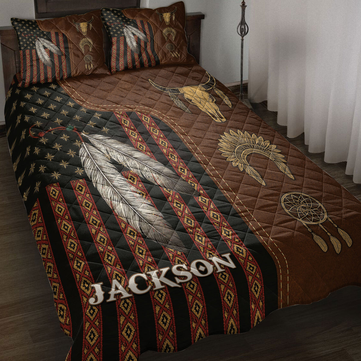 American Native quilt blanket bedding set with feathers, dreamcatchers, geometric motifs, and bison skull artwork