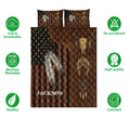 American Native quilt bedding set shown with feather, dreamcatcher, bison skull, and geometric blanket artwork