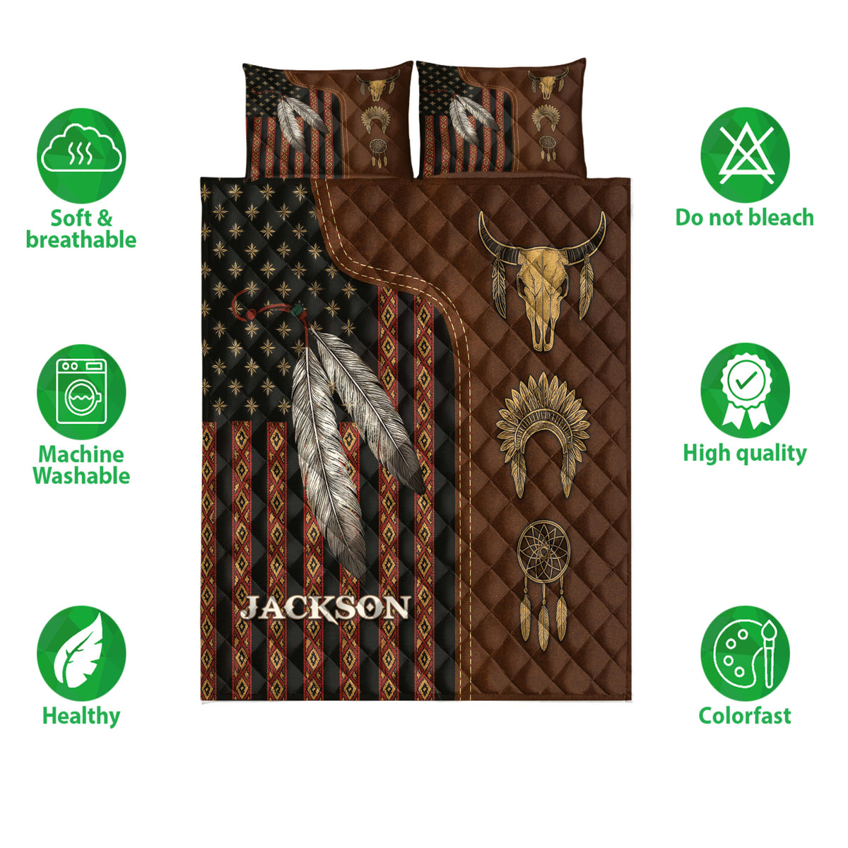 American Native quilt bedding set shown with feather, dreamcatcher, bison skull, and geometric blanket artwork