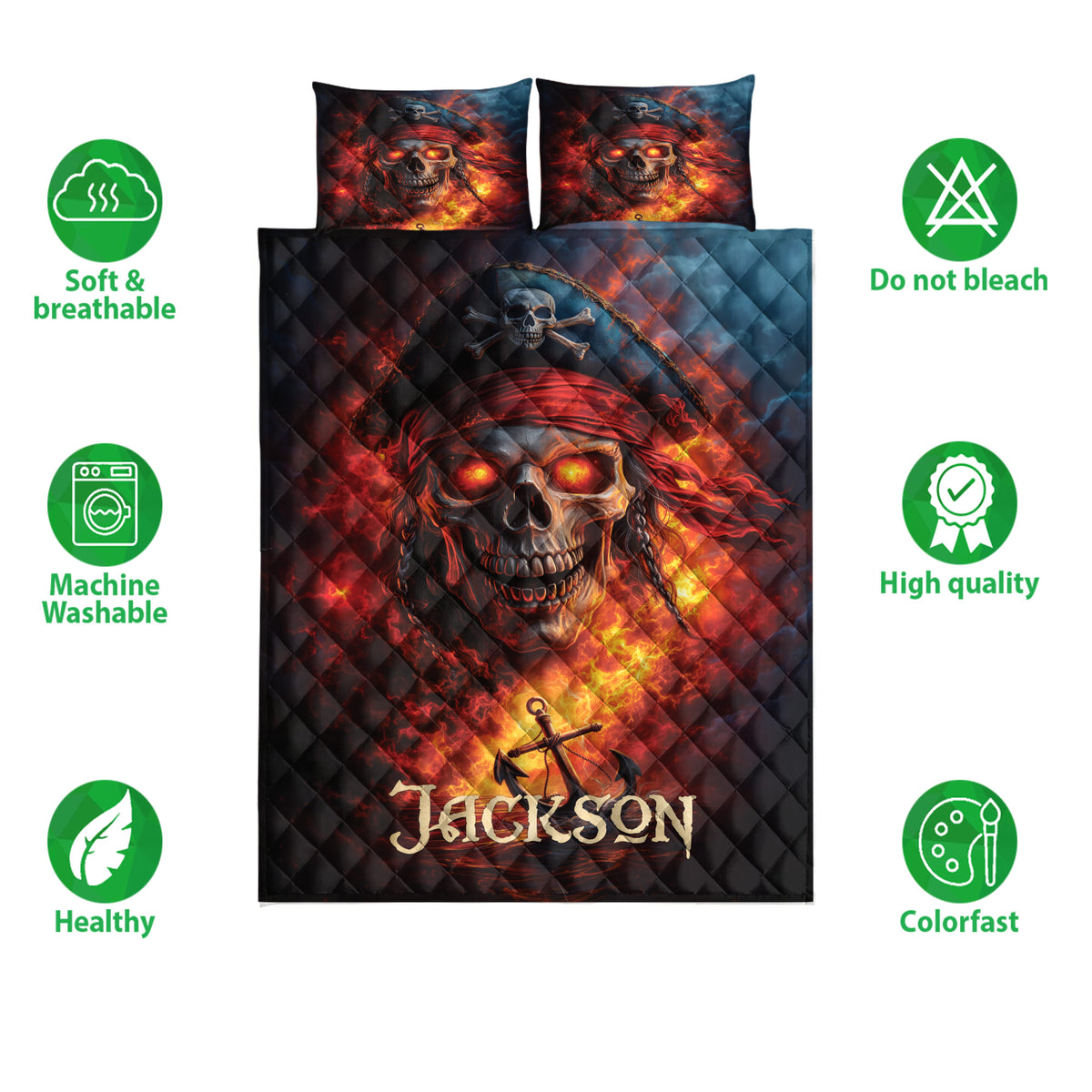 Pirate quilt bedding set with skull artwork, crossed bones, anchor design, and dark red and blue colors