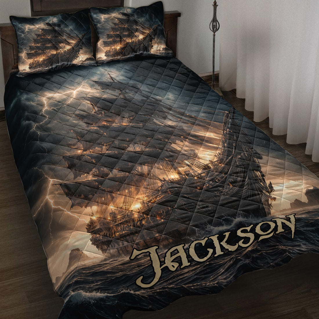 Pirate ship quilt blanket displayed on a bed with stormy sea artwork, lightning, and dark nautical colors