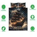 Pirate quilt bedding set featuring tall ships, lightning, dark ocean artwork, and matching decorative pillows