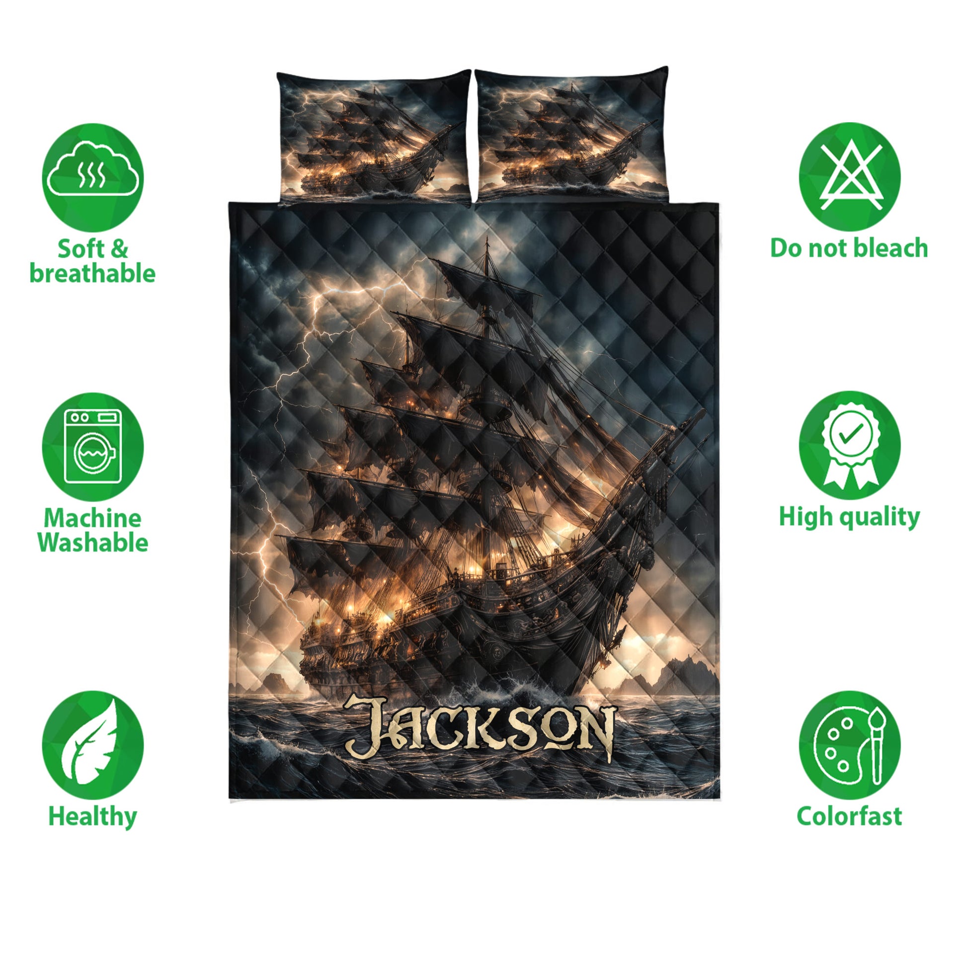 Pirate quilt bedding set featuring tall ships, lightning, dark ocean artwork, and matching decorative pillows